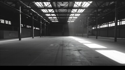 Empty Storehouse Interior for Background. Abandoned Parking Lot. Black and White Look. : Generative AI