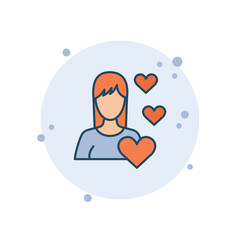 Cartoon woman with heart icon vector illustration. Lover with heart on bubbles background. Girl in love sign concept.