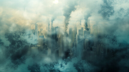 Abstract cityscape emerging from billowing clouds of smoke, bathed in high-definition hues