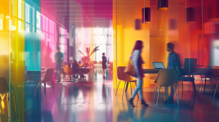 Employees in a contemporary colorful office space. In a modern office setting with dynamic motion blur, business professionals collaborate in a shared workspace