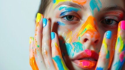 Beauty Girl Face with Colorful Nail polish Colourful Studio Shot of young Woman Vivid Colors Colourful Manicure and fashion Makeup Rainbow Colors Beautiful lady touching face Isolated  : Generative AI