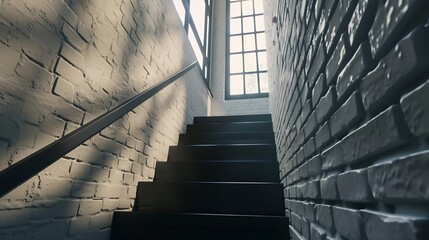 Black stairs against white brick wall for emergency exit at the apartment, up and down stairway with door close and window glass with natural sunlight. : Generative AI