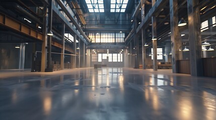 Industrial building warehouse interior with polished concrete floor and style transparent glass...