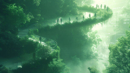 Fototapeta na wymiar Description In a lush verdant forest a group of people are shown hiking up a winding futuristic staircase. As they ascend the staircase transforms into a graph displaying