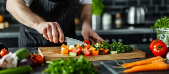 Young man enthusiastically cutting a variety of fresh vegetables on a wooden cutting board in the kitchen