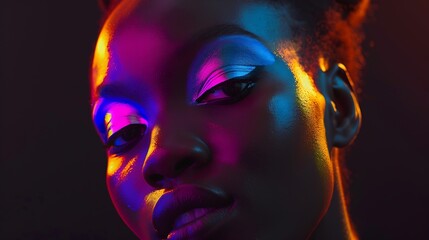 Fashion model woman in neon light portrait of beautiful model with fluorescent makeup Art design of...
