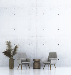 The minimal interior design concept of living room and concrete pattern wall background. 3d...