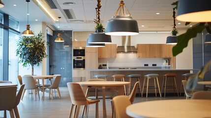 Interior photography of commercial fit out of modern office break out area in open plan office with pendant lighting, sofas and stools, pool table, kitchen, open plan office and staff  : Generative AI