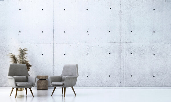 The interior design concept of living room and concrete pattern wall background. 3d rendering.