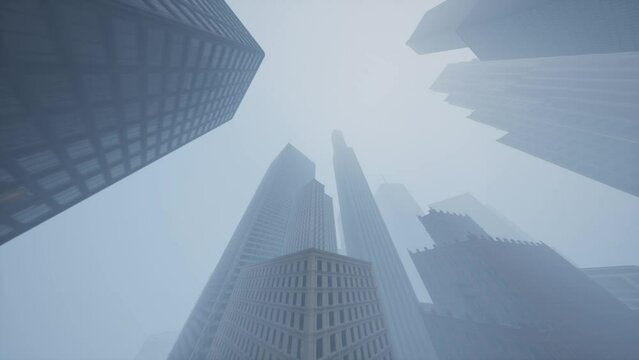 The camera takes off between huge high-rises in the fog and upon reaching the upper floors, it flips around and looks down.
