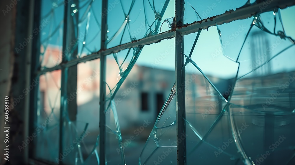 Poster detail of broken window looking outside of an empty industrial building : generative ai