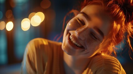 Happy cheerful young woman wearing her red hair in bun rejoicing at positive news or birthday gift looking at camera with joyful and charming smile Ginger student girl relaxing indoors : Generative AI