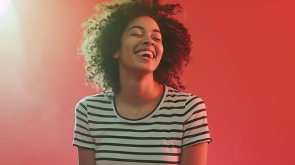 Portriat of pretty curly female wears striped black and whitte t shirt smiles happily as being glad to meet best friend who tels her funny jokes or stories Happiness and facial express : Generative AI - obrazy, fototapety, plakaty