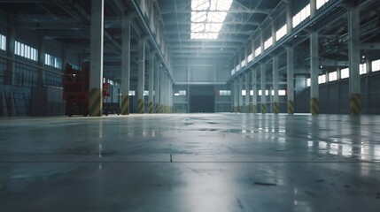 Industrial building or modern factory for manufacturing production plant or large warehouse, Polished concrete floor clean condition and space for industry product display or industry  : Generative AI