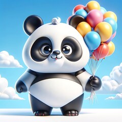 Fototapeta premium An adorable animated panda character holding a bunch of colorful balloons, set against a bright blue sky with fluffy clouds, conveys a sense of joy and celebration.