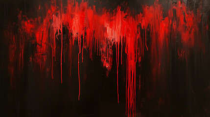 An abstract painting featuring a cascade of red over a black backdrop, evoking the feeling of a fiery waterfall.