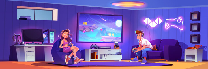 Naklejki  Teenagers playing video game in living room. Vector cartoon illustration of happy student friends sitting with joysticks in hands, space arcade game on tv display, computer on desk, neon lamp on wall