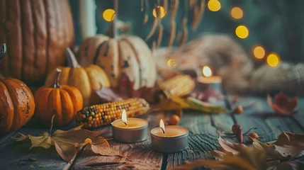  Happy Thanksgiving Day background wooden table decorated with Pumpkins Corncob Candles and autumn leaves garland Beautiful Holiday Autumn festival concept scene Fall Harvest : Generative AI © Generative AI