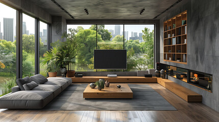 Modern living room with big space, big screen, and green environment background
