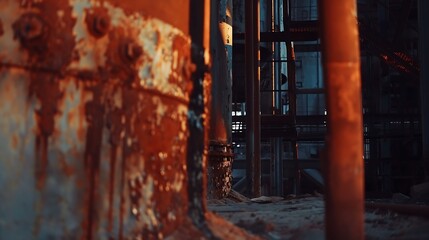 Old creepy and rusty abandoned metallurgical factory. Ruined industrial blast furnace : Generative AI