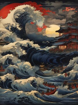 japanese very high ocean wave painting and illustratoion