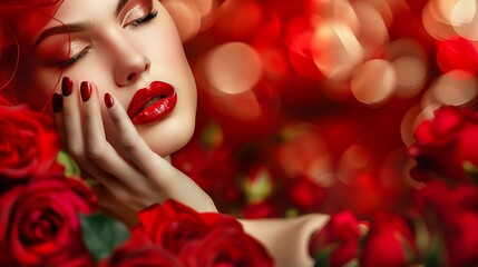 Beauty romantic woman with Red Rose flowers Valentine Red Lips and Nails Beautiful Luxury Makeup and Manicure Valentines Day border design Portrait of fashion model girl on blurred red : Generative AI - obrazy, fototapety, plakaty