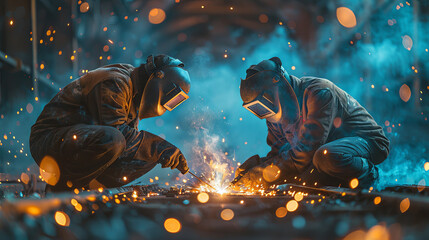 Metal worker at the work, a loyt of sparkle around him