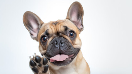 Happy cute french bulldog smiling and giving a high five isolated on white background.

