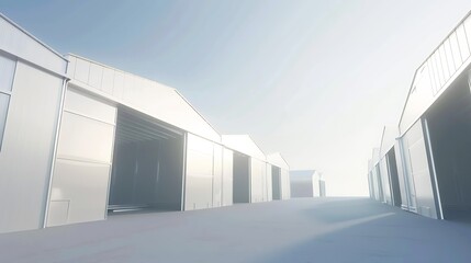 Industrial hangars. Manufacturer construction with blue sky. Hangars of industrial buildings with illumination. Industrial area with identical hangars. Simple buildings on factory grou : Generative AI