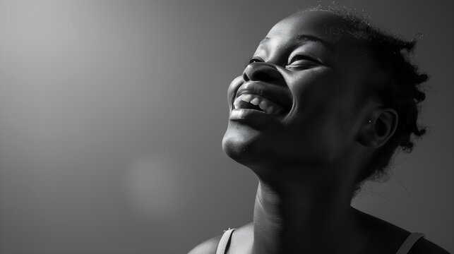 Cheerful darkskinned girl smiling broadly rejoicing at her victory in competition among young writers standing isolated against grey wall background People success youth and happiness  : Generative AI