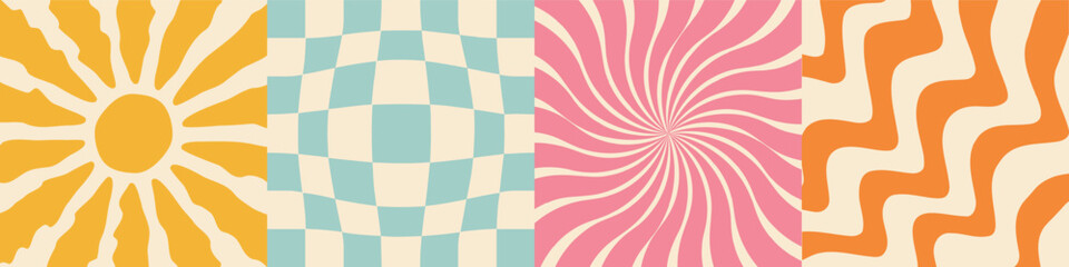 Background set with sun in 60s, 70s hippie style. Groovy retro pink orange yellow blue waves, checkerboard, sunburst starburst with ray of light. Trendy colorful graphic print. Flat design.