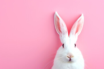 White furry fluffy white bunny rabbit peeking out on pastel pink background. Banner wallpaper frame. copy text space