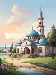 Fototapeta na wymiar Mosque in the village illustration for background