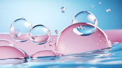 Abstract blue pink background with clear water with bubbles. The concept of moisturizing cosmetic creams, oils, masks, products for youth and radiance of women's skin.
