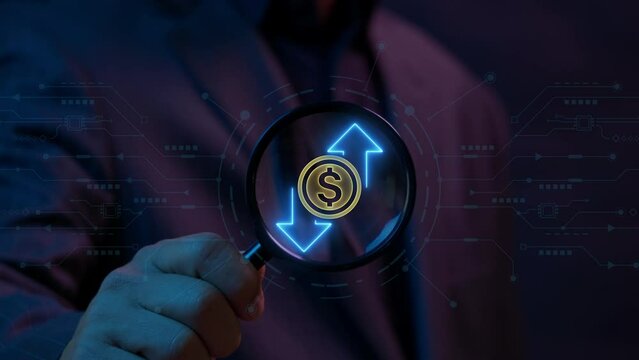 Money, profit, investment, growth business, economy, finance and success concept. Magnifying glass focus on animation of usa currency dollar sign with arrows pointing up and down.