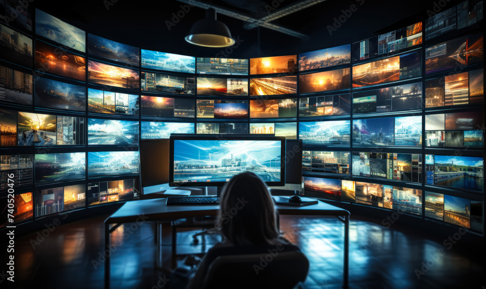 Poster media broadcast control room with multiple screens displaying various content, representing surveill