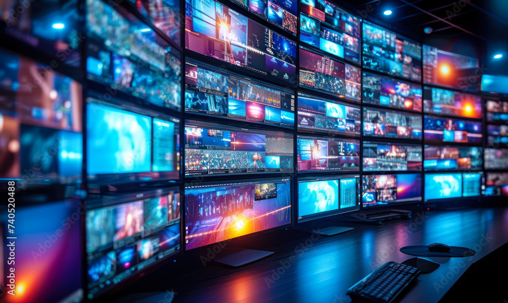 Poster media broadcast control room with multiple screens displaying various content, representing surveill