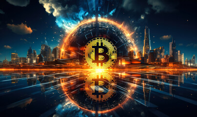 Vibrant Bitcoin symbol rising from a futuristic cityscape, representing the surge of cryptocurrency in digital economy and blockchain technology