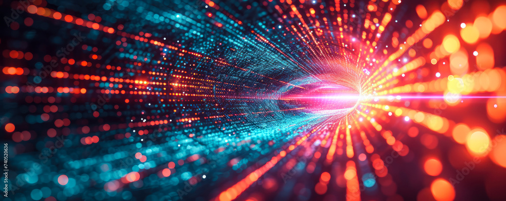 Poster vibrant abstract visualization of a digital data stream in cyberspace, representing high-speed infor