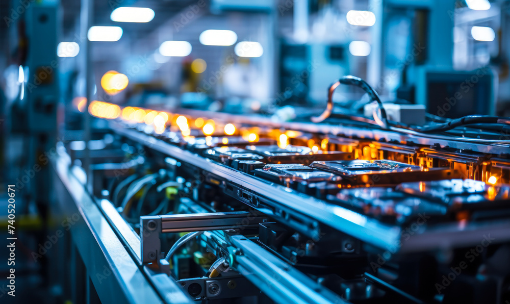 Poster modern automated production line in a factory with robotics and conveyor belt technology manufacturi