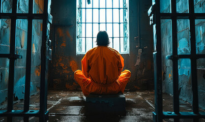 Incarcerated person in orange jumpsuit sitting alone in a bleak prison cell, gazing out of the barred window, evoking themes of confinement and introspection - obrazy, fototapety, plakaty