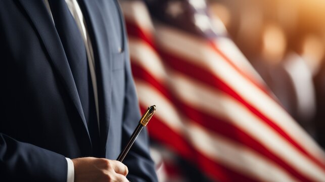 American businessman in formal attire with us flag in the background