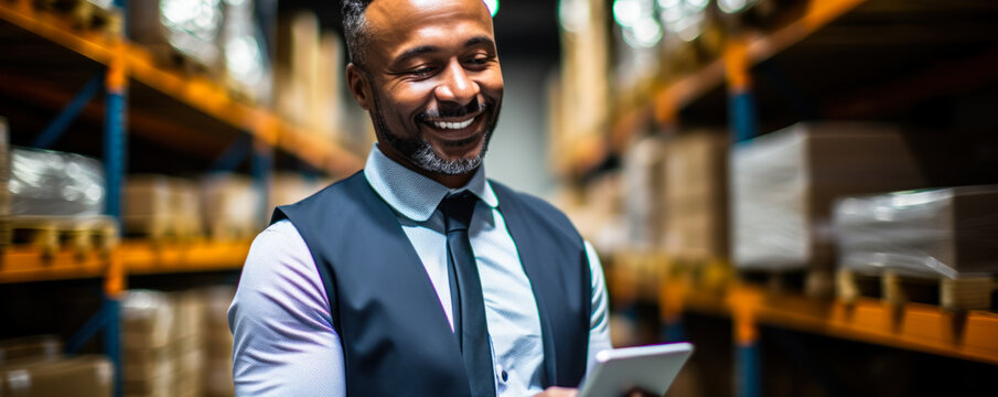 Smiling male warehouse manager using a digital tablet for inventory management in a modern storage facility, exemplifying efficient logistics and organization