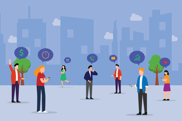 People using gadgets connected to the internet in the city vector illustration