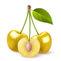 A stems with yellow cherries, accompanied by a green leaf, placed on a white. The stem holds three sweet cherry fruits, with one of them cut in half revealing its pit - 740520834