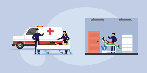 Paramedics with ambulance car and patient on stretcher vector illustration