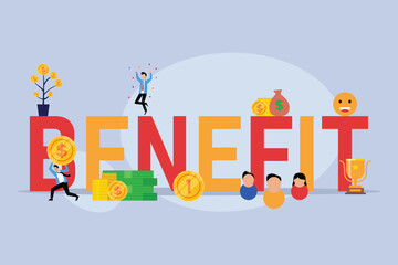 Big letters with employees, money, winner cup vector illustration