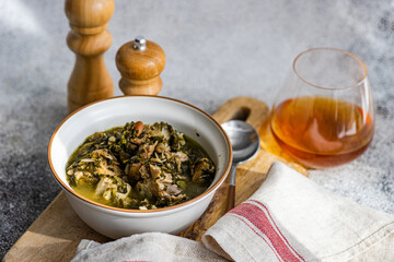 Traditional Georgian dish Chakapuli in the bowl