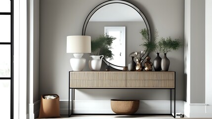 A minimalist and well-designed entryway with a stylish console table, decorative mirror, and organized storage.