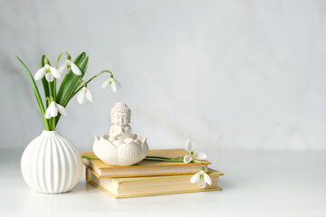 Snowdrop flowers, little Buddha figurine and books on table, abstract light background. spring...
